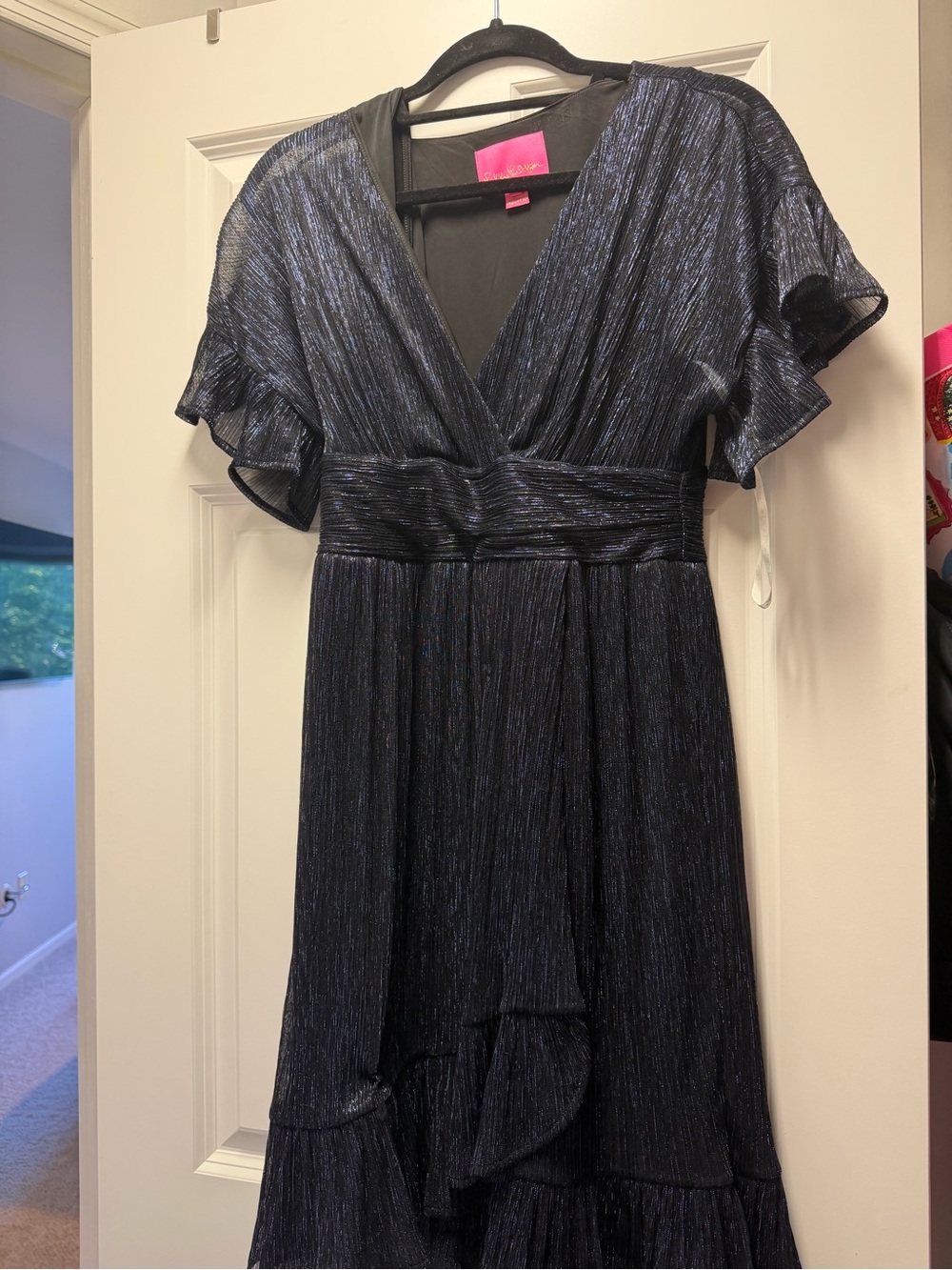 Lilly Pullitzer Small Metallic Navy V-Neck Ruffle Sleeve Dress